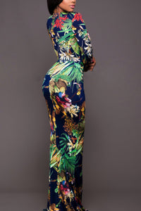 Thumbnail for Printed Plunge Neck Leg Split Maxi Dress