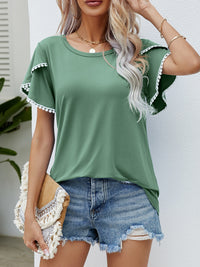 Thumbnail for Pom-Pom Trim Flutter Sleeve Round Neck T-Shirt