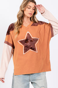 Thumbnail for SAGE + FIG Star Patch Long Sleeve Color Block T-Shirt