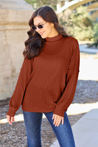 Thumbnail for Basic Bae Full Size Ribbed Exposed Seam Mock Neck Knit Top