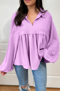 Thumbnail for Texture Collared Neck Long Sleeve Blouse