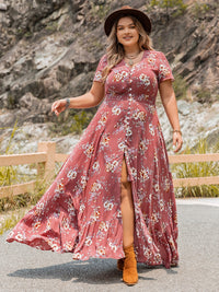 Thumbnail for Plus Size Floral Slit Ruffle Hem Dress