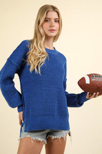 Thumbnail for VERY J Waffle-Knit Exposed Seam Round Neck Sweater