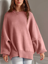 Thumbnail for Double Take Side Slit Round Neck Long Sleeve Sweater