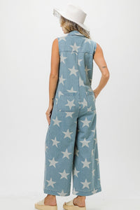 Thumbnail for BiBi Star Print Half Zip Sleeveless Denim Jumpsuit