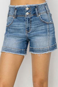 Thumbnail for RISEN High Rise Seam Detailed Raw Edge Denim Shorts