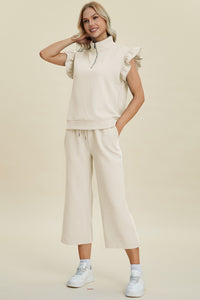 Thumbnail for Double Take Full Size Texture Ruffle Short Sleeve Top and Wide Leg Pants Set