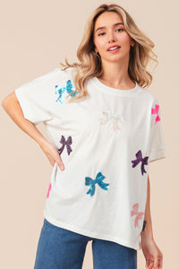 Thumbnail for BiBi Sequin Bow Patch Short Sleeve T-Shirt