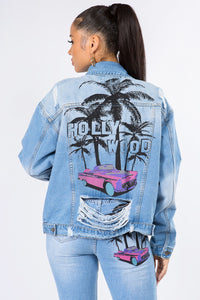 Thumbnail for American Bazi Graphic Distressed Long Sleeve Denim Jacket