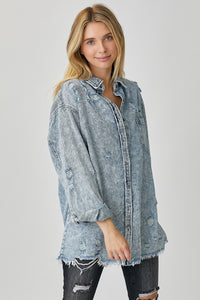 Thumbnail for RISEN Distressed Raw Hem Denim Shirt