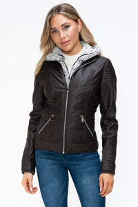 Thumbnail for YMI Faux Layered Double-Zipper Jacket with Fuzzy Hood