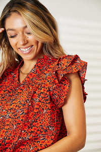 Thumbnail for Double Take Floral Flutter Sleeve Notched Neck Blouse