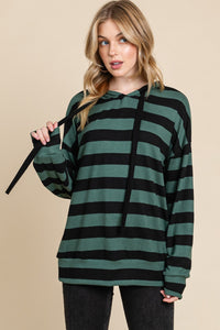 Thumbnail for BOMBOM Drawstring Striped Dropped Shoulder Hoodie