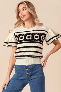 Thumbnail for BiBi Granny Square Short Sleeve Striped Sweater