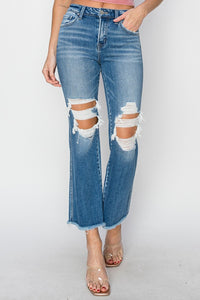 Thumbnail for RISEN Mid Rise Distressed Cropped Flare Jeans