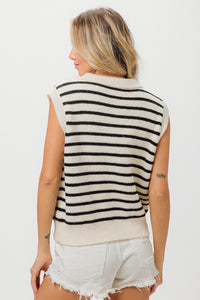 Thumbnail for BiBi Flower Patch Striped Half Button Sweater Vest