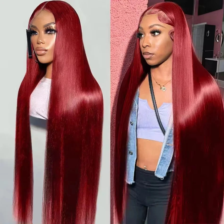 99J Burgundy Human Hair Lace Front Wig – 13x6 HD Transparent Lace, Straight Red Colored Wig for Women