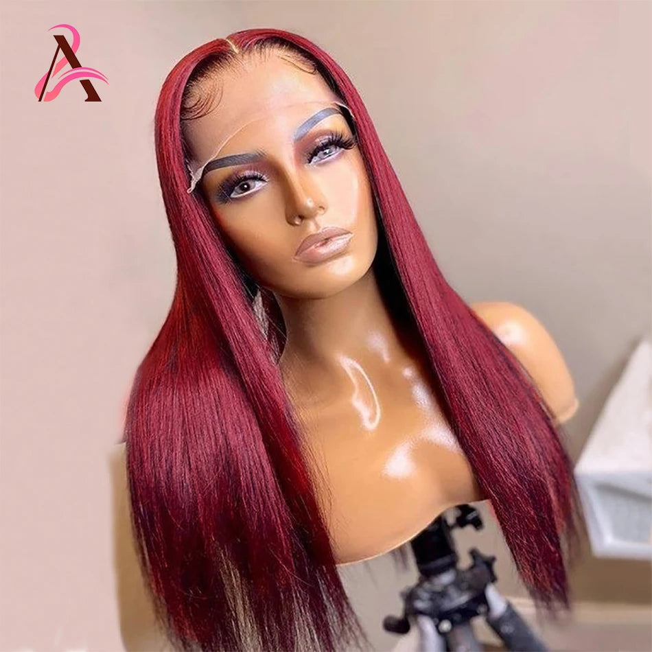 99J Burgundy Human Hair Lace Front Wig – 13x6 HD Transparent Lace, Straight Red Colored Wig for Women