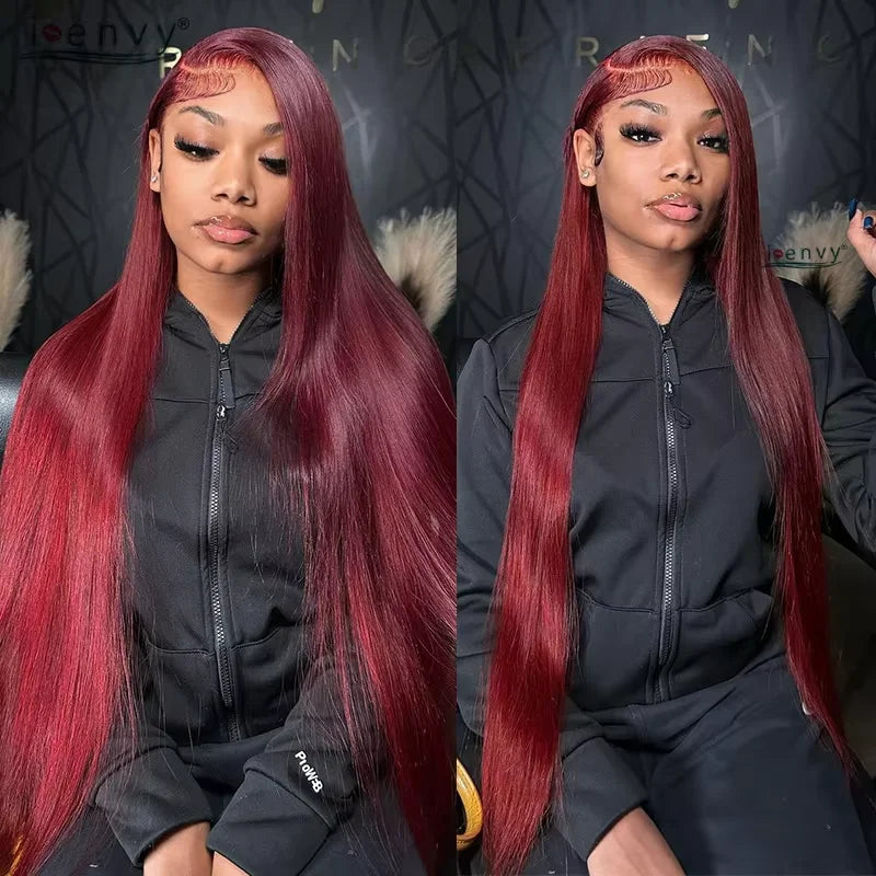 99J Burgundy Human Hair Lace Front Wig – 13x6 HD Transparent Lace, Straight Red Colored Wig for Women