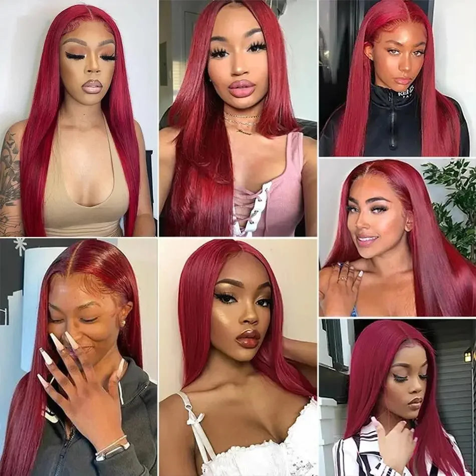 99J Burgundy Human Hair Lace Front Wig – 13x6 HD Transparent Lace, Straight Red Colored Wig for Women