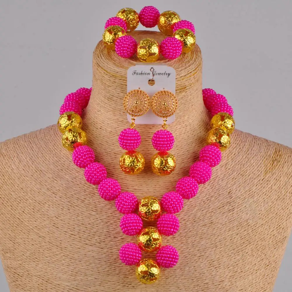 Pink costume necklace African jewelry set simulated pearl Nigerian wedding beads FZZ30