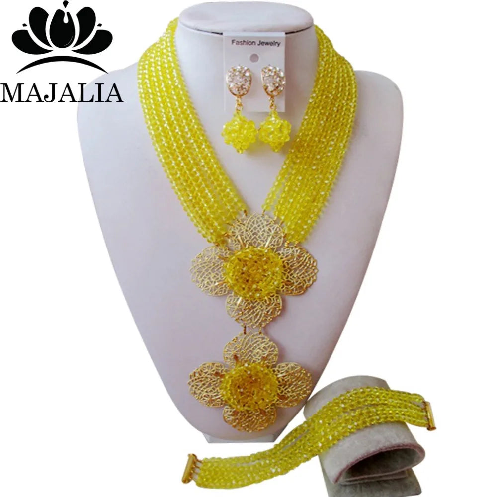 Trendy yellow Nigerian wedding African beads jewelry set crystal necklace bracelet earrings A well-known brand Majalia  1016