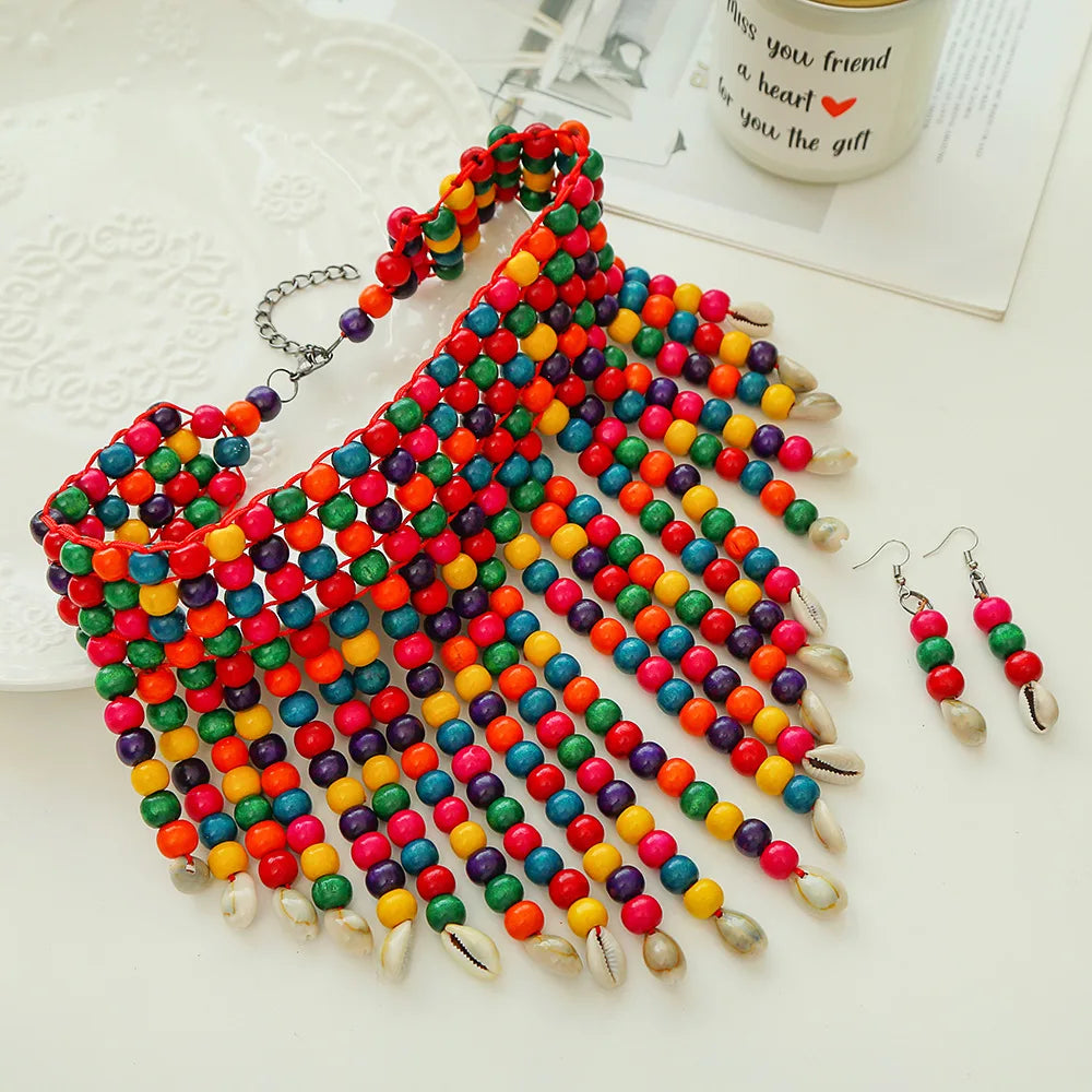 African Statement Chunky Choker Necklaces For Women Multi Strand Colorful Bead Layered Necklace Fashion Jewelry Earrings Set