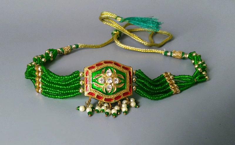 Indian Green Enamel Gold Necklace Women's Jewelry