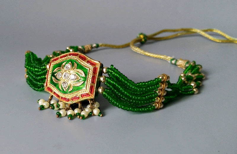 Indian Green Enamel Gold Necklace Women's Jewelry