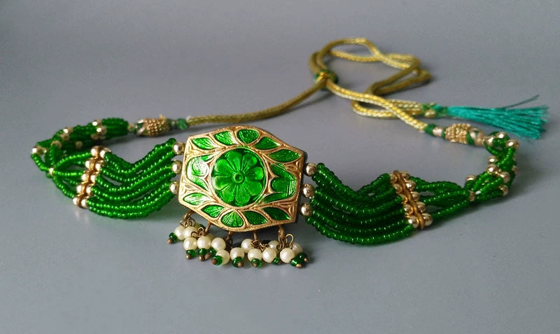 Indian Green Enamel Gold Necklace Women's Jewelry