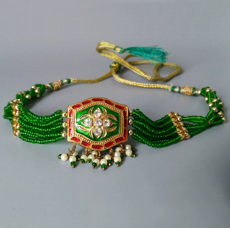 Indian Green Enamel Gold Necklace Women's Jewelry