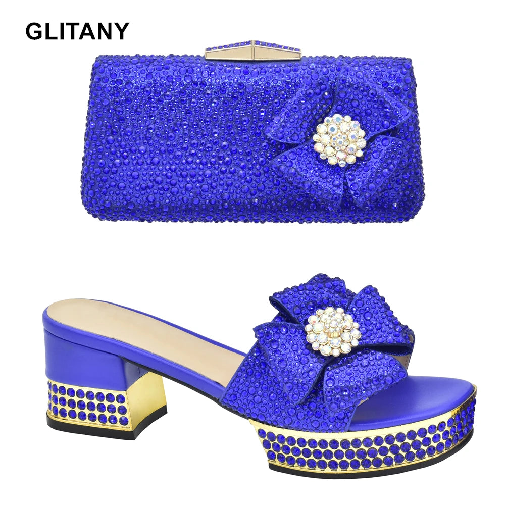 Latest Design African Wedding Shoes and Bag Set Decorated with Rhinestone Italian Ladies Shoes and Bags To Match Set for Party