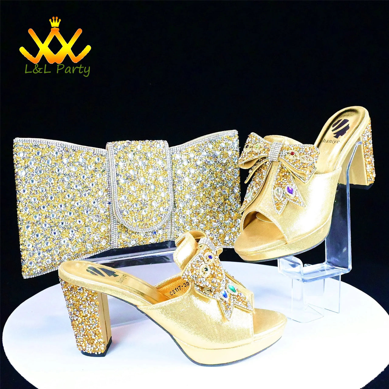 Gold New Design African Women Shoes Matching Bag Set High Quality Italian Design Super High Heels Slipper for Wedding Party