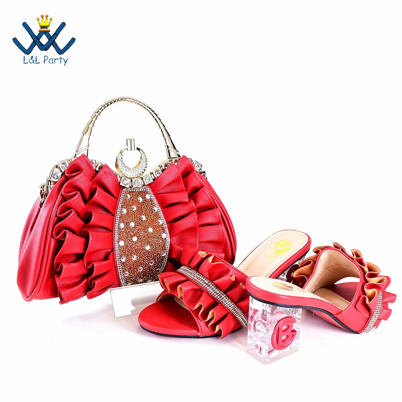 2024 Square Heels New Design Peep Toe Italian Wedding Shoes and Bag Set in Red Color Fashion African Slipper For Party