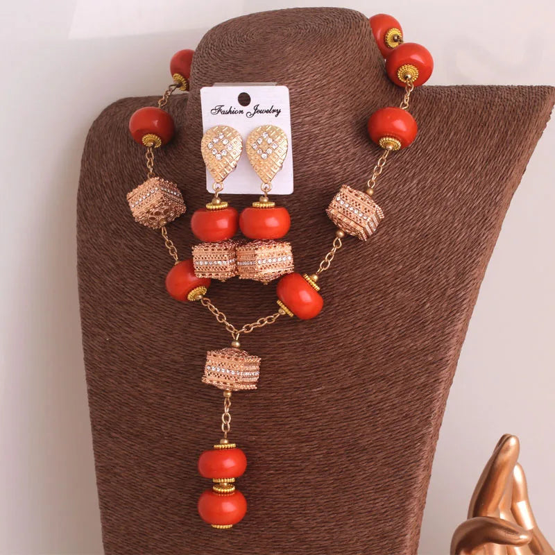 4ujewelry Imitation coral Nigerian Traditional Beads Necklace Set For African Bridal 2023