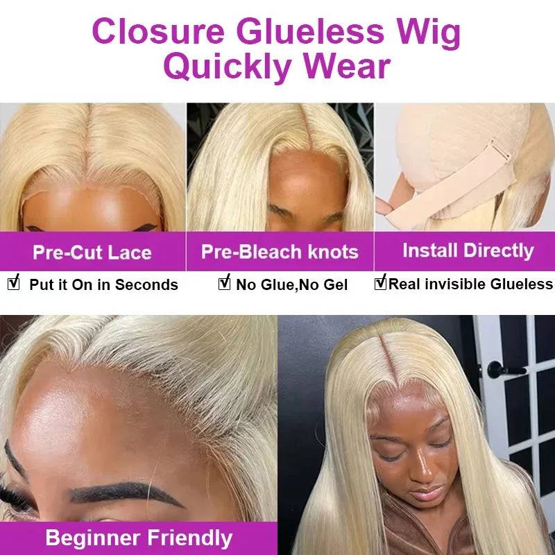 Wear and Go 200% Density Human Hair 613 Straight HD Lace Front Wig 13x4 Brazilian Virgin Blonde Lace Frontal Wigs Glueless