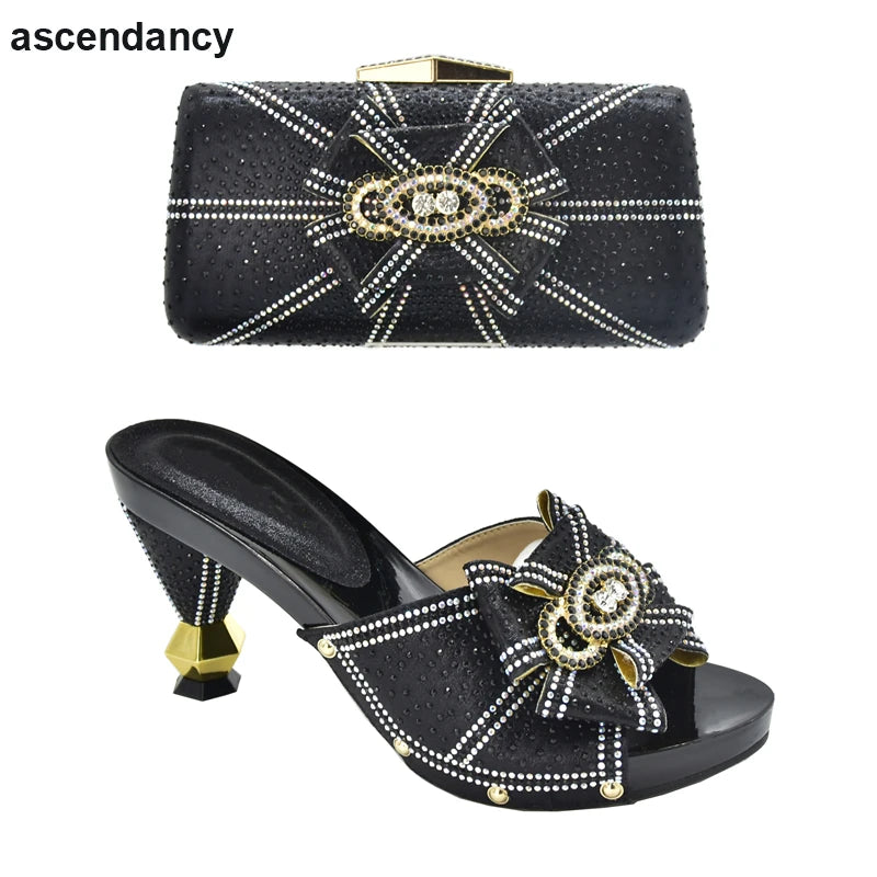 Italian Women's Rhinestone Shoes & Bag Set - 2021 Fashion, Comfortable Heels for Parties