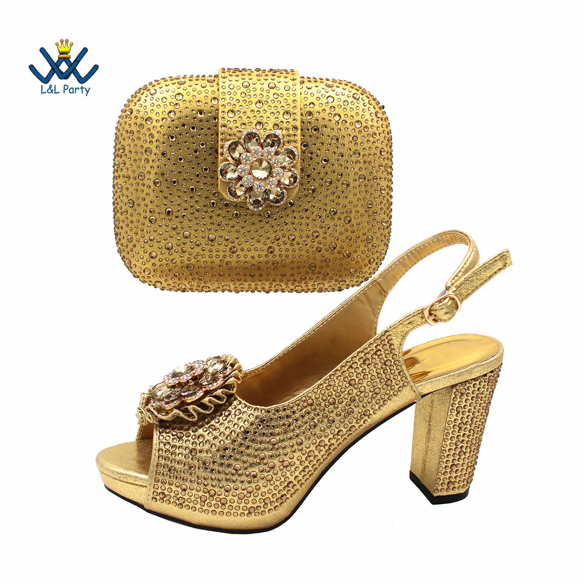 New Design Peep Toe African Spring Autumn Lady Shoes and Bag Set in Gold Color Women Sandal in Wedding