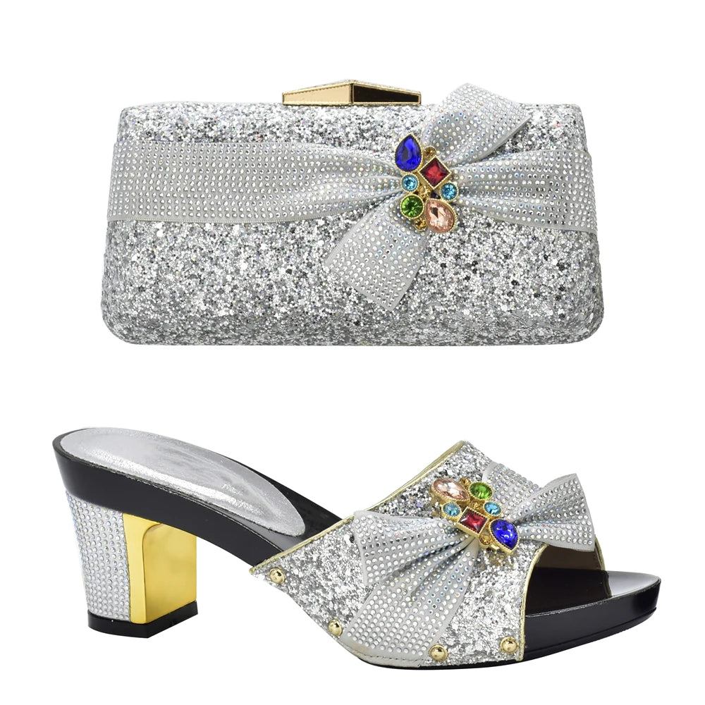 New Arrival African Wedding Italian Shoe and Bag Sets Decorated with Rhinestone Shoe and Bag Set for Party In Women Party Pumps