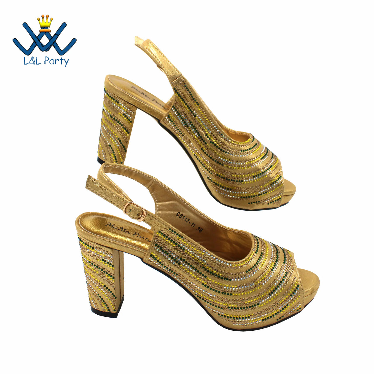 2023 New Design African Women Shoes and Bag Set Peep Toe Gold Color with Shinning Crystal for Wedding Party