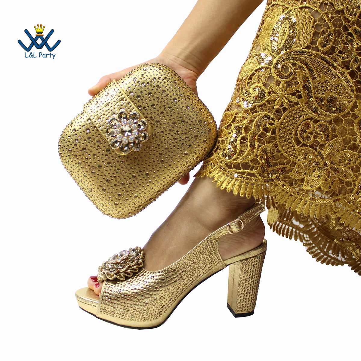 New Design Peep Toe African Spring Autumn Lady Shoes and Bag Set in Gold Color Women Sandal in Wedding