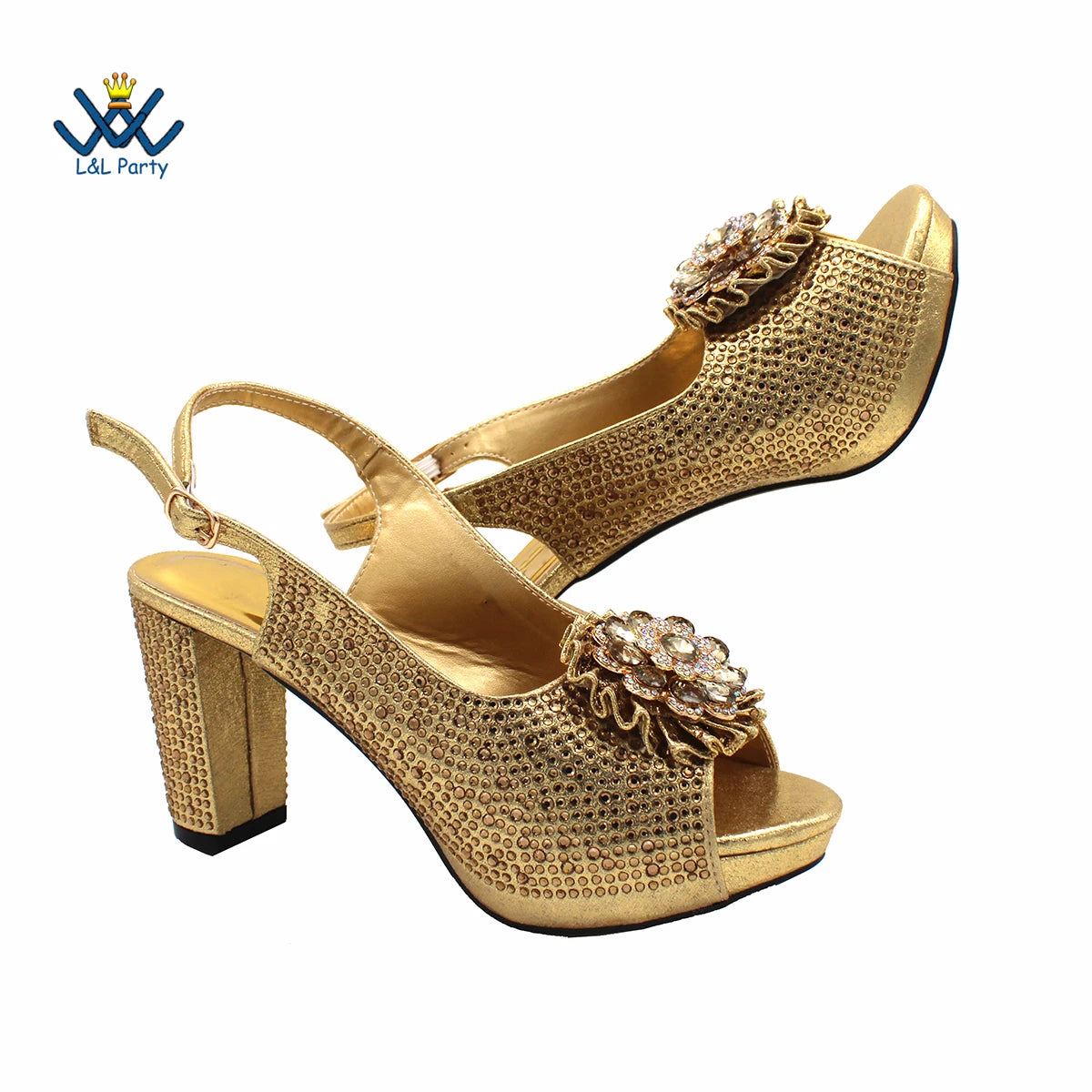 New Design Peep Toe African Spring Autumn Lady Shoes and Bag Set in Gold Color Women Sandal in Wedding