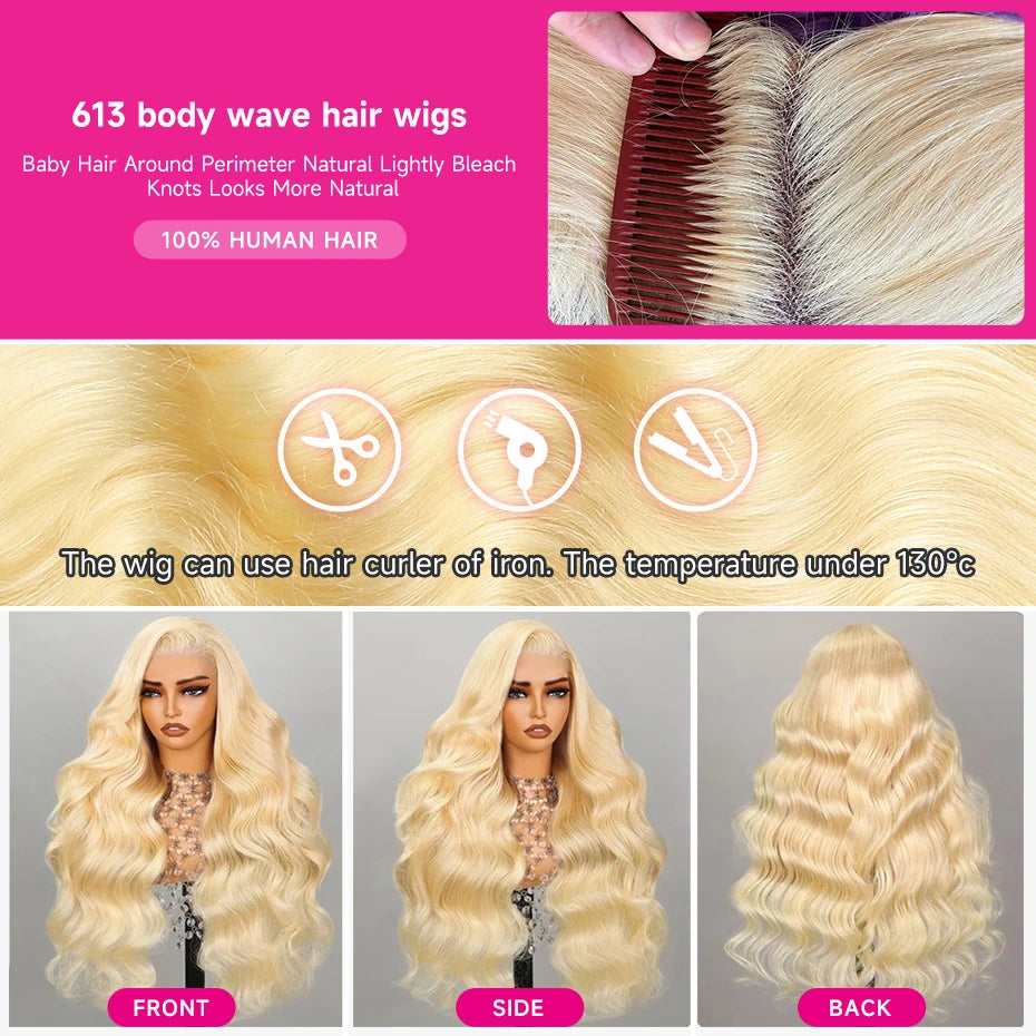 36-40 Inch Blonde 613 HD Lace Front Wig – 250-300 Density Body Wave Human Hair, 13x4/13x6 Lace Frontal Wig