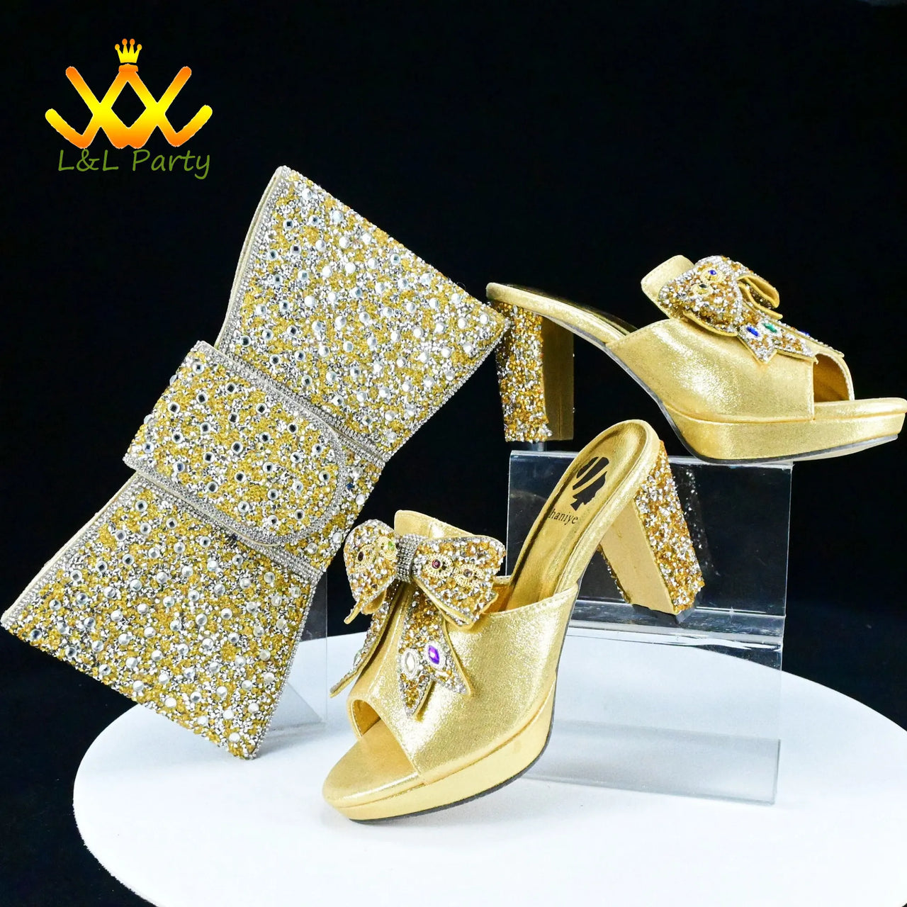 Gold New Design African Women Shoes Matching Bag Set High Quality Italian Design Super High Heels Slipper for Wedding Party