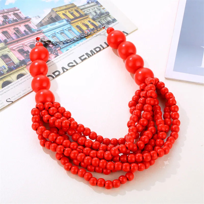 African Gothic Jewelry Wood Beads Exaggerated Multilayer Statement Necklace Bohemian Sweater Chain Wedding Accessories