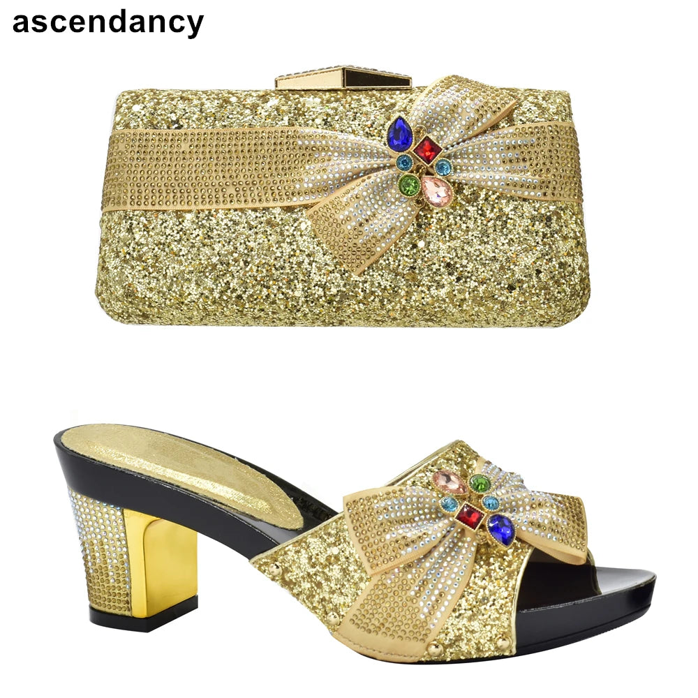 New Arrival African Wedding Italian Shoe and Bag Sets Decorated with Rhinestone Shoe and Bag Set for Party In Women Party Pumps