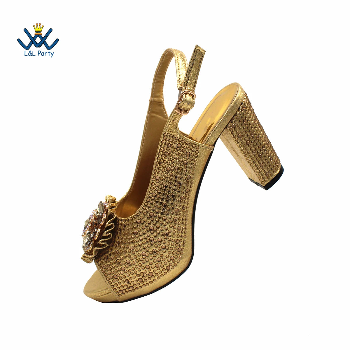 New Design Peep Toe African Spring Autumn Lady Shoes and Bag Set in Gold Color Women Sandal in Wedding