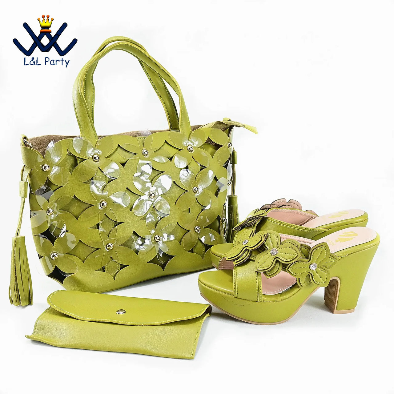 Classics Style Slipper with Platform Elegant African Women Shoes Matching Bag Set in Lemon Green Color for Wedding Party