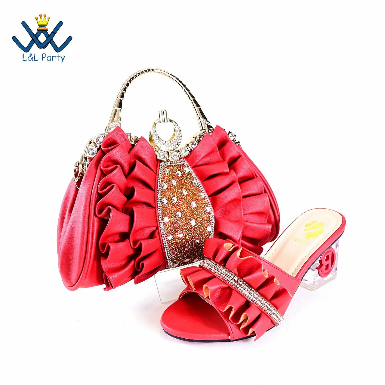 2024 Square Heels New Design Peep Toe Italian Wedding Shoes and Bag Set in Red Color Fashion African Slipper For Party