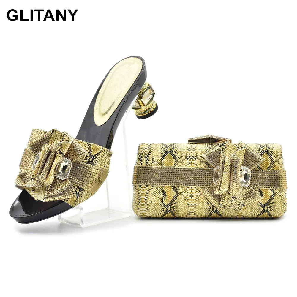 Latest Design Women Italian African Party Pumps Shoes and Bag Set Decorated with Rhinestone Women Shoe and Bag for Nigeria Party